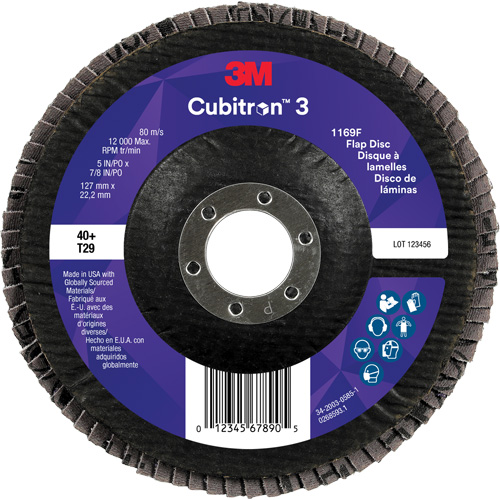 Disque &agrave; lamelles conique 1169F Cubitron 3, 5" x 7/8", Type T29, Grain 40+, C&eacute;ramique Rock Safety Industrial Ltd