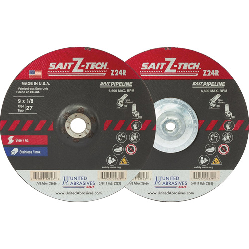 Meule haute performance pour pipelines Sait Z-Tech, 7" x 1/8", Arbre 5/8"-11, Zirconium, Type 27 Rock Safety Industrial Ltd