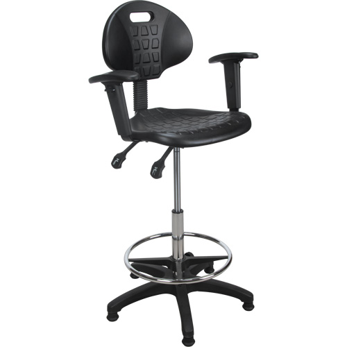 Tabouret ergonomique robuste avec accoudoirs r&eacute;glables, Stationnaire, Ajustable, 39" - 48", Polyur&eacute;thane Si&egrave;ge, Noir Rock Safety Industrial Ltd