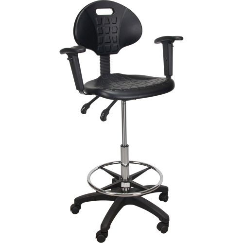 Tabouret ergonomique robuste avec accoudoirs r&eacute;glables et roulettes en nylon, Mobile, Ajustable, 39" - 48", Polyur&eacute;thane Si&egrave;ge, Noir Rock Safety Industrial Ltd