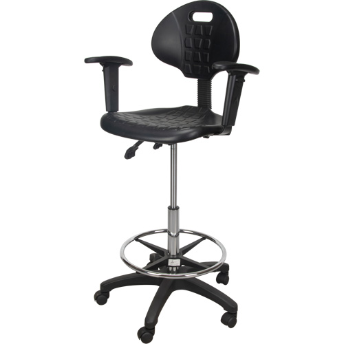 Tabouret ergonomique robuste avec accoudoirs r&eacute;glables et roulettes en nylon, Mobile, Ajustable, 39" - 48", Polyur&eacute;thane Si&egrave;ge, Noir Rock Safety Industrial Ltd