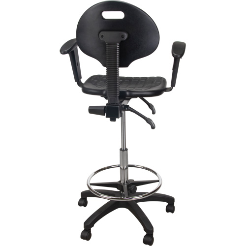 Tabouret ergonomique robuste avec accoudoirs r&eacute;glables et roulettes en nylon, Mobile, Ajustable, 39" - 48", Polyur&eacute;thane Si&egrave;ge, Noir Rock Safety Industrial Ltd