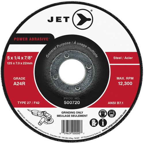 A24R Power Abrasive Grinding Wheel, 4-1/2" x 1/4", 7/8" Arbor, Type 27 Rock Safety Industrial Ltd