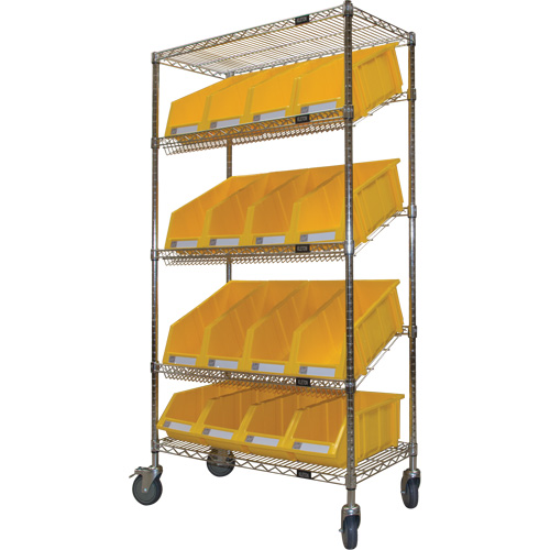 Chariot en treillis m&eacute;tallique &agrave; tablettes inclin&eacute;es avec bacs, Tiers 5, 36" la x 69" h x 18" p Rock Safety Industrial Ltd