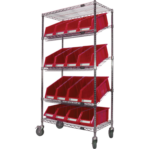 Chariot en treillis m&eacute;tallique &agrave; tablettes inclin&eacute;es avec bacs, Tiers 5, 36" la x 69" h x 18" p Rock Safety Industrial Ltd