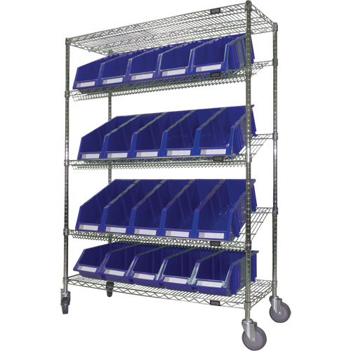 Chariot en treillis m&eacute;tallique &agrave; tablettes inclin&eacute;es avec bacs, Tiers 5, 48" la x 69" h x 18" p Rock Safety Industrial Ltd