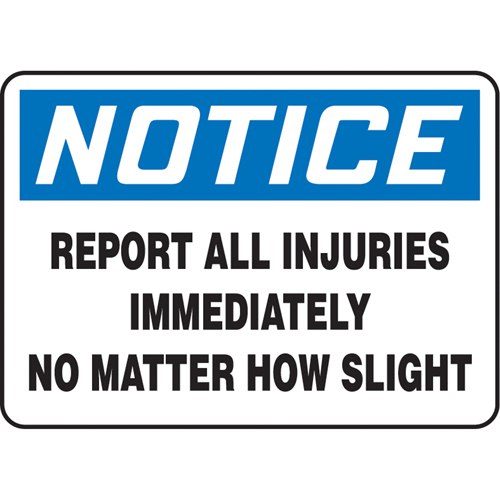 Enseigne  Report All Injuries , 10" x 7", Vinyle, Anglais Rock Safety Industrial Ltd