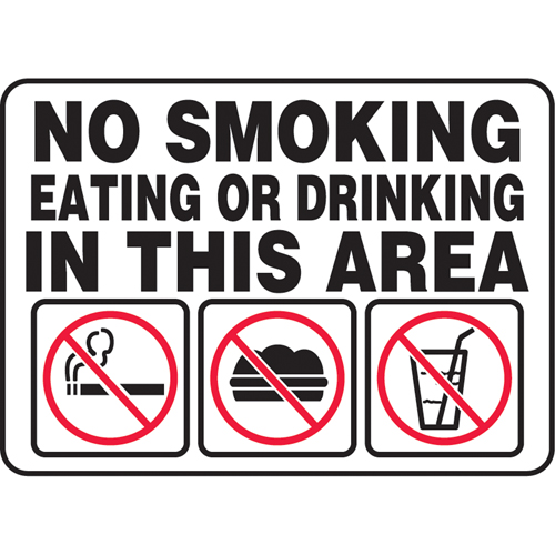 Enseigne  No Smoking, Eating, Or Drinking , 7" x 10", Vinyle, Anglais avec pictogramme Rock Safety Industrial Ltd