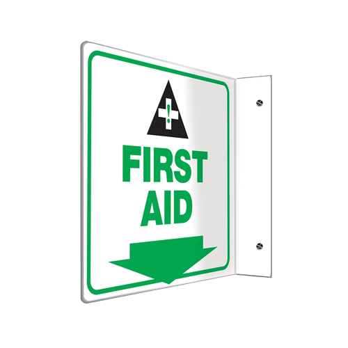 Enseigne Projection  First Aid , 8" x 8", Plastique, Anglais avec pictogramme Rock Safety Industrial Ltd