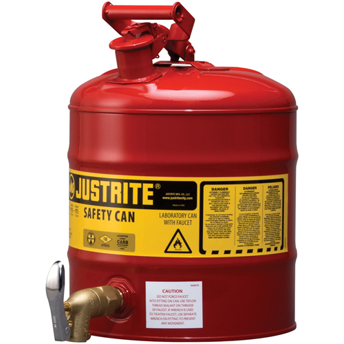 Bidon avec robinet s&eacute;curitaires pour laboratoires, Type I, Acier, 5 gal. US, Rouge, Homologu&eacute; FM Rock Safety Industrial Ltd