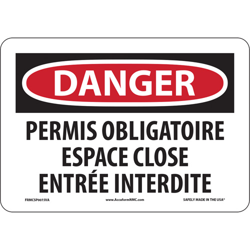 Enseigne  Espace clos , 7" x 10", Aluminium, Français Rock Safety Industrial Ltd