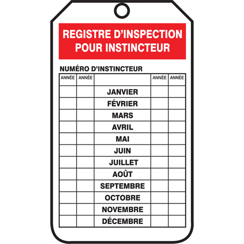 &eacute;tiquettes de s&eacute;curit&eacute; d'inspection et de contr&ocirc;le de l'&eacute;tat de l'&eacute;quipement, Papier cartonn&eacute;, 3-1/8" la x 5-7/8" h, Français Rock Safety Industrial Ltd