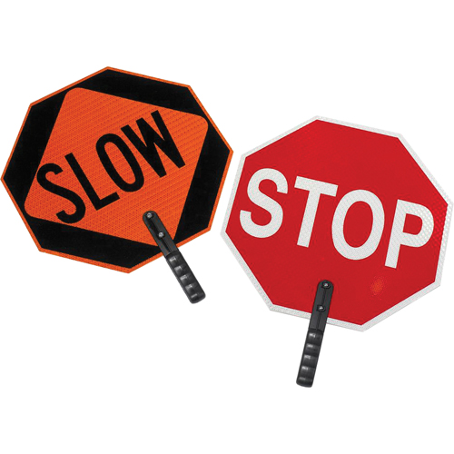 Panneau de signalisation &agrave; deux c&ocirc;t&eacute;s  Stop/Slow , 18" x 18", Plastique, Anglais avec pictogramme Rock Safety Industrial Ltd