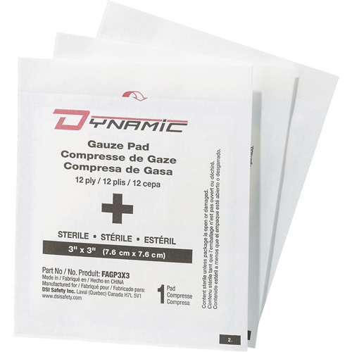Gaze Dynamic, Tampon, 3" lo x 3" la, St&eacute;rile, Dispositif m&eacute;dical Classe 1 Rock Safety Industrial Ltd