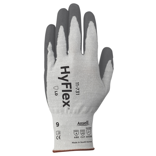 Gants r&eacute;sistants aux coupures HyFlex 11-731, Taille 6/T-petit, Calibre 18, Rev&ecirc;tement Polyur&eacute;thane, Enveloppe en Nylon/PEHP/Spandex/Fibre de verre, ASTM ANSI niveau A2/EN 388 niveau B Rock Safety Industrial Ltd