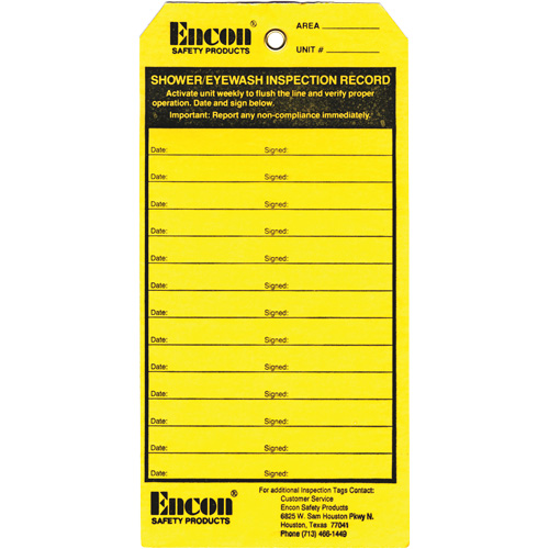 &eacute;tiquette de registre d'inspection pour douche oculaire & d'urgence, Papier cartonn&eacute;, 3-1/8" la x 6-1/4" h, Anglais Rock Safety Industrial Ltd
