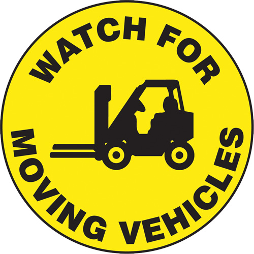 Panneau de plancher  Watch For Moving Vehicles  Slip-Gard, Adh&eacute;sif, Anglais avec pictogramme Rock Safety Industrial Ltd