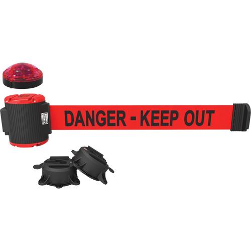 Barri&egrave;re &agrave; fixation murale avec ensemble d'&eacute;clairage, Plastique, Fixation magn&eacute;tique, 30', Ruban Rouge Rock Safety Industrial Ltd