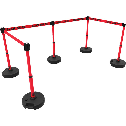 Ensemble de cinq montants pour barri&egrave;re PLUS, Plastique, 42" h, Ruban Rouge, Longueur du ruban 15' Rock Safety Industrial Ltd