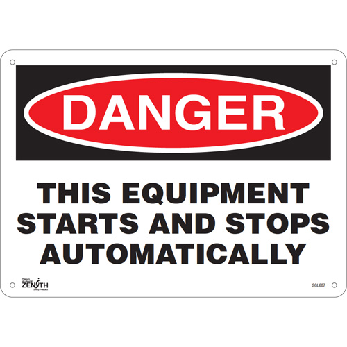 Enseigne This Equipment Starts And Stops Automatically, 10" x 14", Plastique, Anglais Rock Safety Industrial Ltd