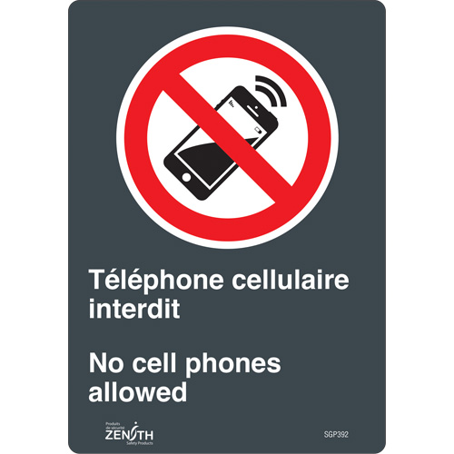 "T&eacute;l&eacute;phone cellulaire interdit /No Cell Phones" Sign, 10" x 7", Vinyl, Bilingual with Pictogram Rock Safety Industrial Ltd