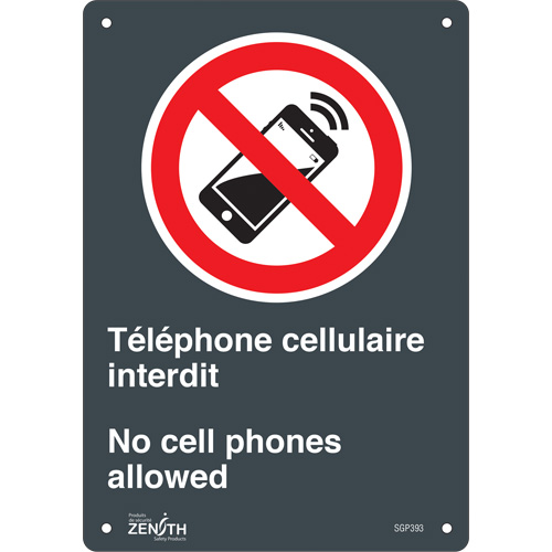 "T&eacute;l&eacute;phone cellulaire interdit /No Cell Phones" Sign, 10" x 7", Plastic, Bilingual with Pictogram Rock Safety Industrial Ltd