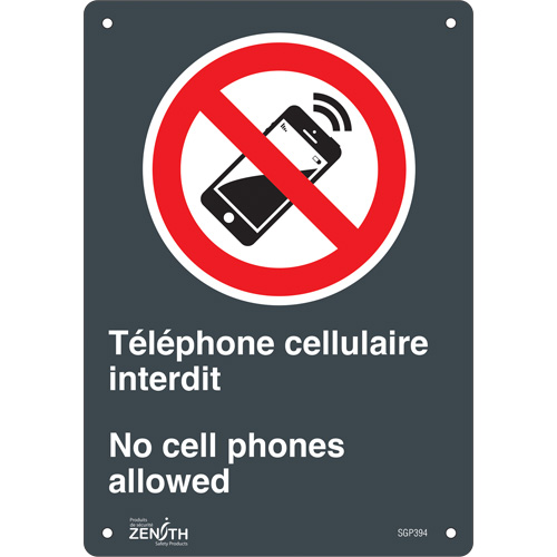 "T&eacute;l&eacute;phone cellulaire interdit /No Cell Phones" Sign, 10" x 7", Aluminum, Bilingual with Pictogram Rock Safety Industrial Ltd