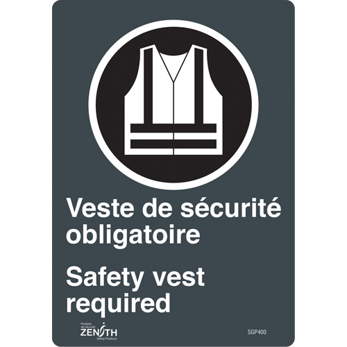 "Port du dossard obligatoire/Safety Vest Required" Sign, 10" x 7", Vinyl, Bilingual with Pictogram Rock Safety Industrial Ltd