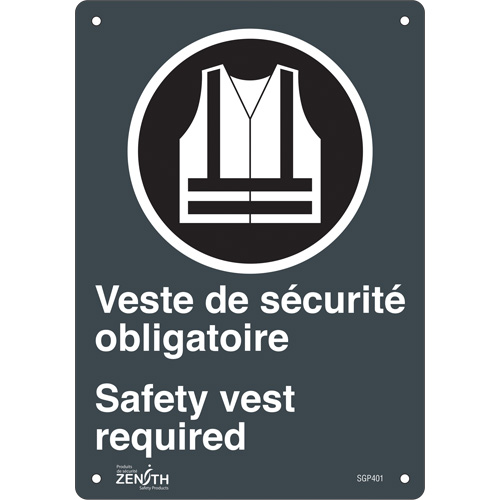 "Port du dossard obligatoire/Safety Vest Required" Sign, 10" x 7", Plastic, Bilingual with Pictogram Rock Safety Industrial Ltd