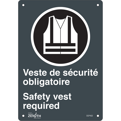 "Port du dossard obligatoire/Safety Vest Required" Sign, 10" x 7", Aluminum, Bilingual with Pictogram Rock Safety Industrial Ltd