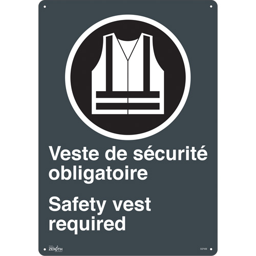 "Port du dossard obligatoire/Safety Vest Required" Sign, 20" x 14", Plastic, Bilingual with Pictogram Rock Safety Industrial Ltd