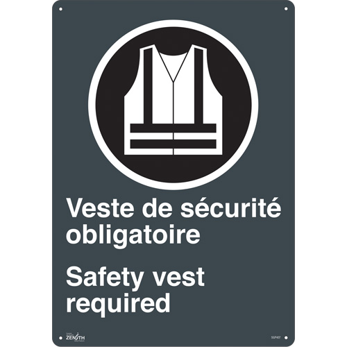 "Port du dossard obligatoire/Safety Vest Required" Sign, 20" x 14", Aluminum, Bilingual with Pictogram Rock Safety Industrial Ltd