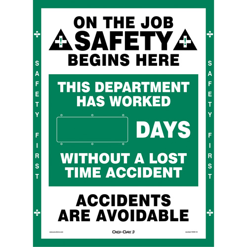 Tableau d'affichage &eacute;lectronique Digi-Day promouvant la s&eacute;curit&eacute; au travail, 28" x 20", Aluminium, Anglais avec pictogramme Rock Safety Industrial Ltd