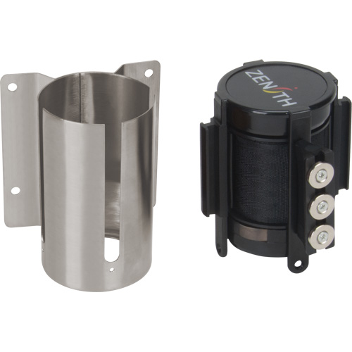 Barri&egrave;re &agrave; fixation murale avec ruban magn&eacute;tique, Acier, Fixation par vis, 12', Ruban Noir Rock Safety Industrial Ltd