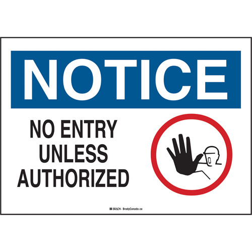 Enseigne  No Entry Unless Authorized , 14" x 10", Plastique, Anglais avec pictogramme Rock Safety Industrial Ltd