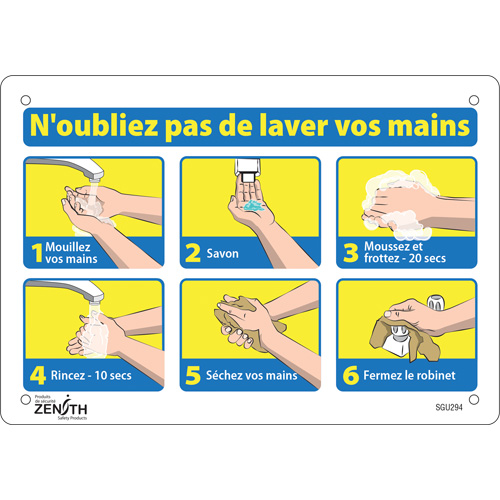 "N'oubliez pas de laver vos mains" Sign, 7" x 10", Plastic, French with Pictogram Rock Safety Industrial Ltd