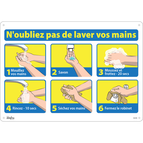 Enseigne "N'oubliez pas de laver vos mains", 14" x 20", Aluminium, Français avec pictogramme Rock Safety Industrial Ltd
