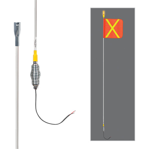 Tiges de s&eacute;curit&eacute; tout-temps de s&eacute;rie lourde avec lumi&egrave;re DEL constante Safety Whip, Fixation Ressort, Hauteur 10', Orange avec X r&eacute;fl&eacute;chissant Rock Safety Industrial Ltd