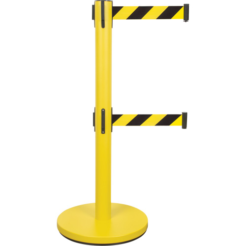 Barri&egrave;re pour le contr&ocirc;le des foules &agrave; courroie double, Acier, 35" h, Ruban Noir/Jaune, Longueur du ruban 7' Rock Safety Industrial Ltd