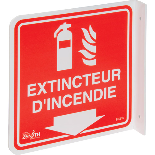Enseigne &agrave; projection sur 90° Extincteur d'incendie, 8" x 8", Plastique, Français avec pictogramme Rock Safety Industrial Ltd