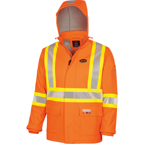 5884 Manteau imperm&eacute;able ignifuge et r&eacute;sistant aux arcs &eacute;lectriques avec capuchon Flash-Gard, Petit, Orange haute visibilit&eacute;, 51 cal/cm² Rock Safety Industrial Ltd