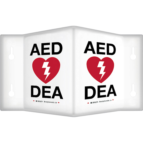 Enseigne &agrave; projection sur 90°  AED/ DEA , 6" x 5", Plastique, Bilingue avec pictogramme Rock Safety Industrial Ltd