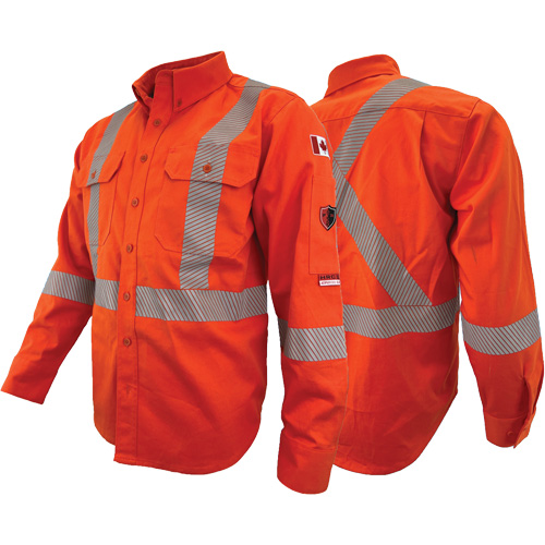 Chandail de travail &agrave; manches longues ignifuge et r&eacute;sistant &agrave; l'arc &eacute;lectrique avec bandes de 2" Atlas Guardian, T-petit, Orange haute visibilit&eacute; Rock Safety Industrial Ltd