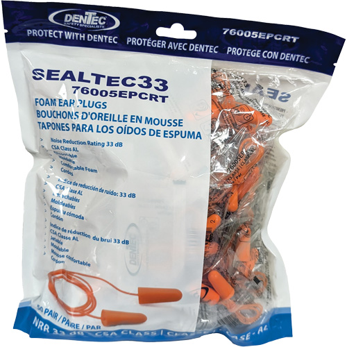 Bouchons d'oreilles coniques jetables en mousse de PU orange SEALTEC33, Vrac - Sac en poly, Avec cordon Rock Safety Industrial Ltd