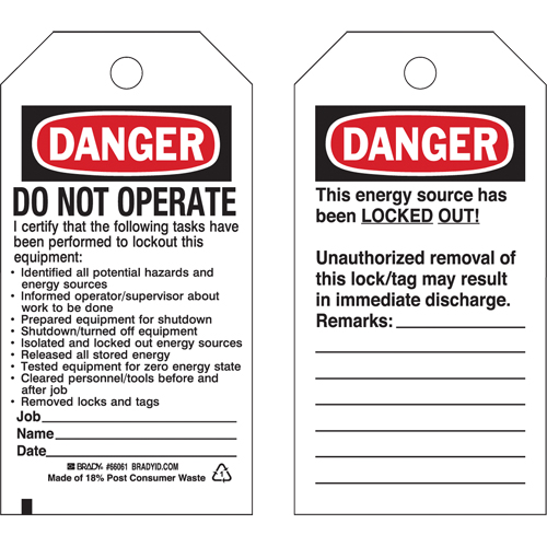 &eacute;tiquettes de verrouillage, Plastique, 3" la x 5-3/4" h, Anglais Rock Safety Industrial Ltd