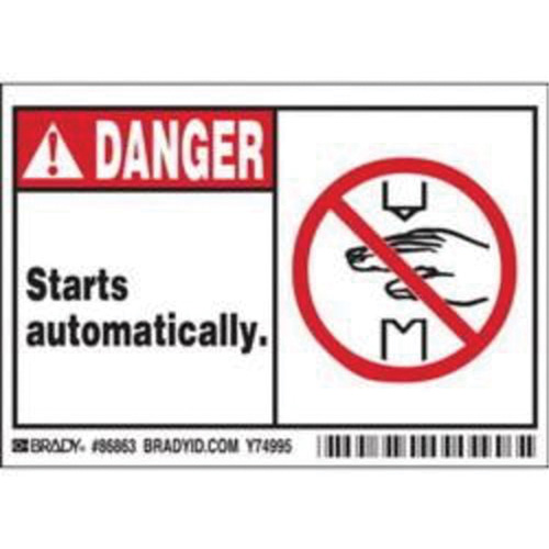 "Danger Starts Automatically" Sign, 3-1/2" x 5", Polyester, English with Pictogram Rock Safety Industrial Ltd