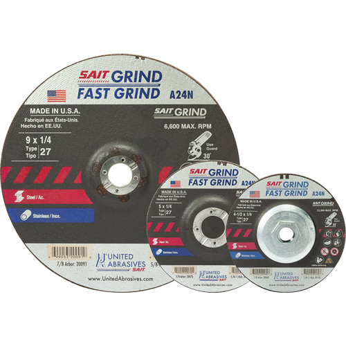 A24N Fast Grinding Wheel, 4-1/2" x 3/16", 7/8" Arbor, Aluminum Oxide, Type 27 Rock Safety Industrial Ltd