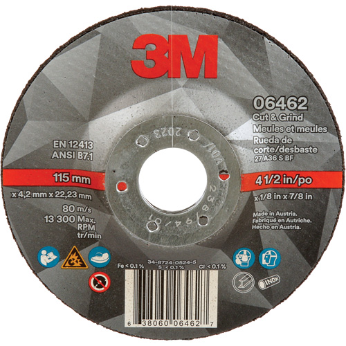 Cut & Grind Wheel, 4-1/2" x 1/8", 7/8" Arbor, Type 27, Ceramic Rock Safety Industrial Ltd