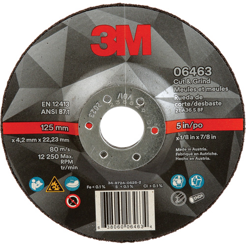 Cut & Grind Wheel, 5" x 1/8", 7/8" Arbor, Type 27, Ceramic Rock Safety Industrial Ltd