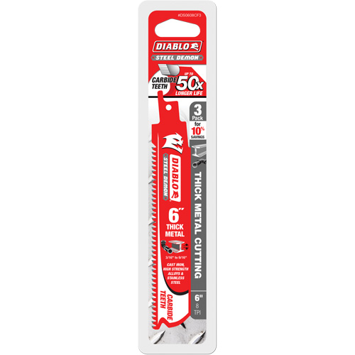 Lame de scie alternative &eacute;paisse pour le m&eacute;tal, Carbure, 8 Dents par pouce, 6" lo x 1" la Rock Safety Industrial Ltd